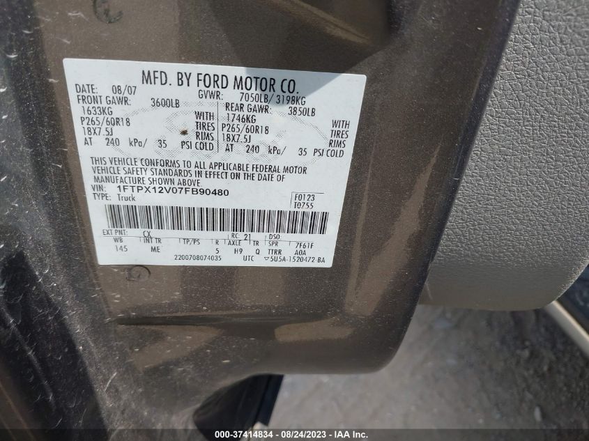 1FTPX12V07FB90480 2007 Ford F-150 Xlt/Lariat/Stx/Xl