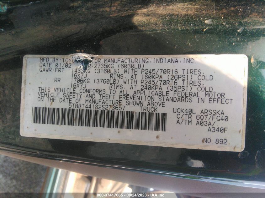 5TBBT44182S273657 2002 Toyota Tundra Sr5