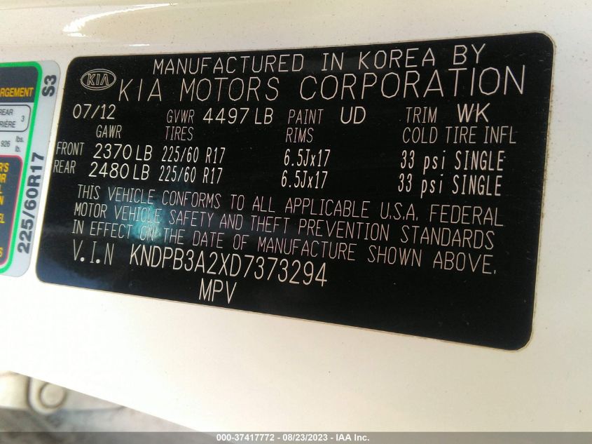 2013 Kia Sportage Lx VIN: KNDPB3A2XD7373294 Lot: 37417772