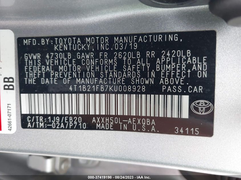 4T1B21FB7KU008928 2019 Toyota Avalon Hybrid