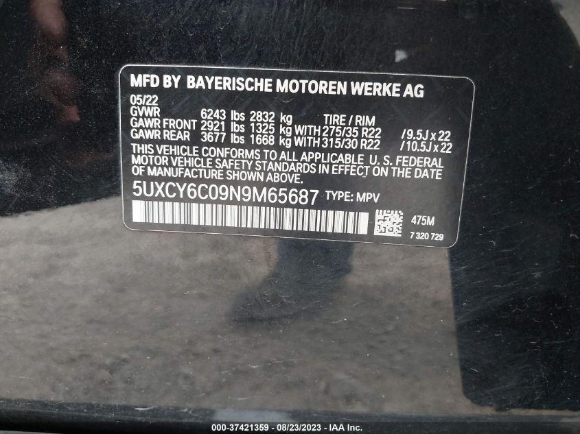 VIN 5UXCY6C09N9M65687 2022 BMW X6, Xdrive40I no.9