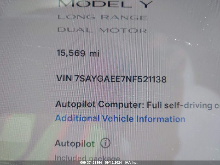 VIN 7SAYGAEE7NF521138 2022 Tesla Model Y, Long Rang... no.14