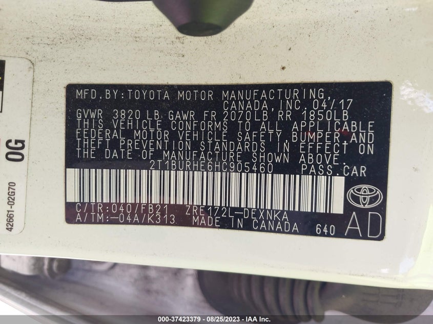 2017 Toyota Corolla Le VIN: 2T1BURHE6HC905460 Lot: 37423379