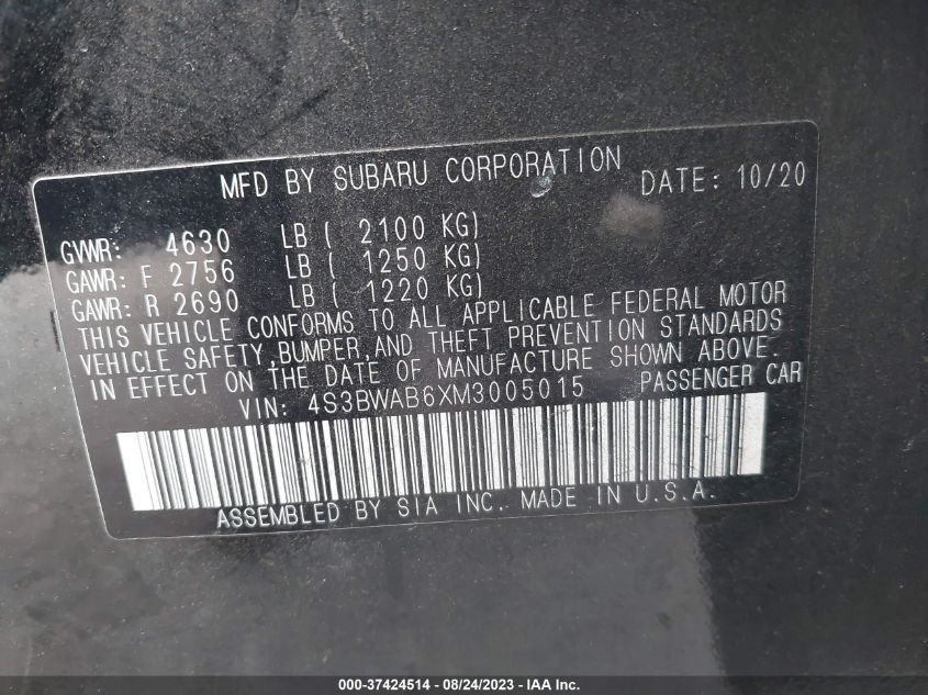 2021 Subaru Legacy VIN: 4S3BWAB6XM3005015 Lot: 37424514