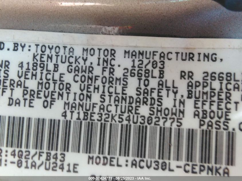 4T1BE32K54U302775 2004 Toyota Camry Le