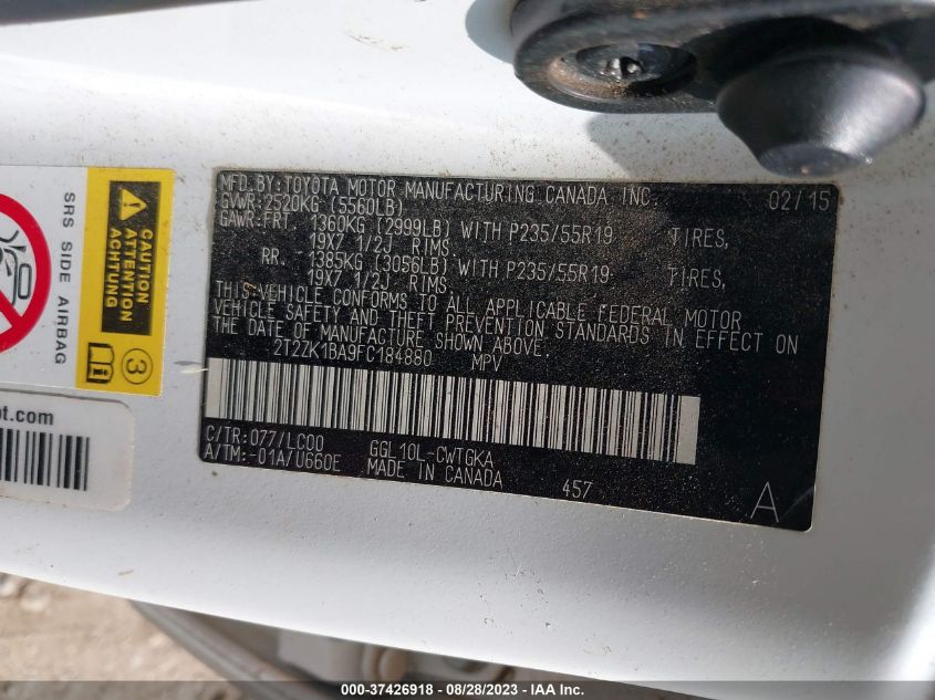 2015 Lexus Rx 350 VIN: 2T2ZK1BA9FC184880 Lot: 37426918