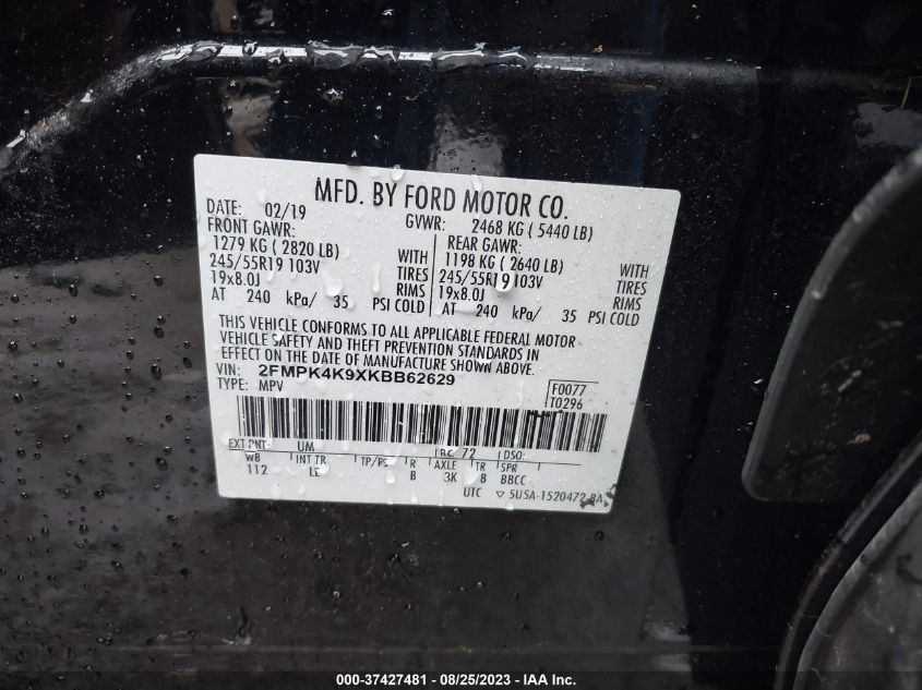 2FMPK4K9XKBB62629 2019 Ford Edge Titanium