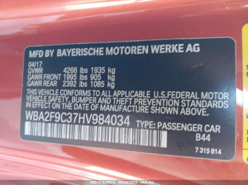 2017 BMW 2 Series 230I VIN: WBA2F9C37HV984034 Lot: 37428075