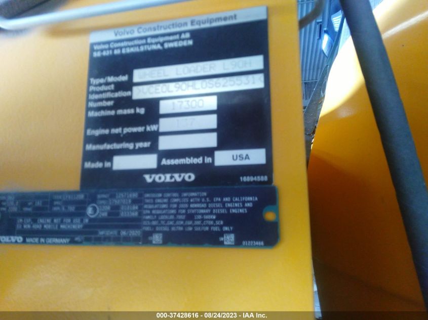 2020 Volvo L90H VIN: VCE0L90HL0S625531 Lot: 37428616
