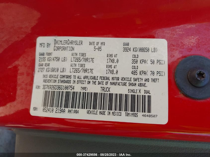2006 Dodge Ram 2500 Slt/Sport VIN: 3D7KR26D36G100754 Lot: 37429556