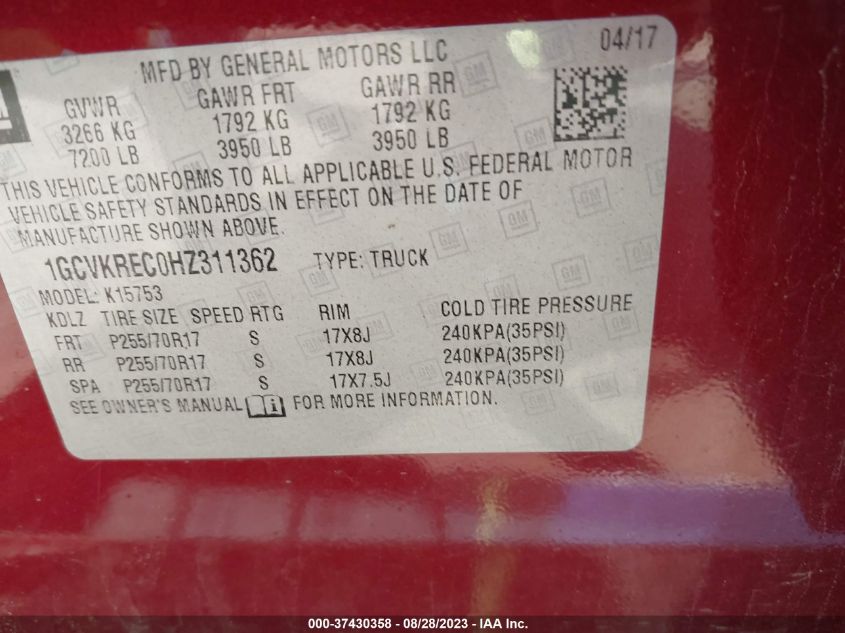 1GCVKREC0HZ311362 2017 Chevrolet Silverado 1500 Lt