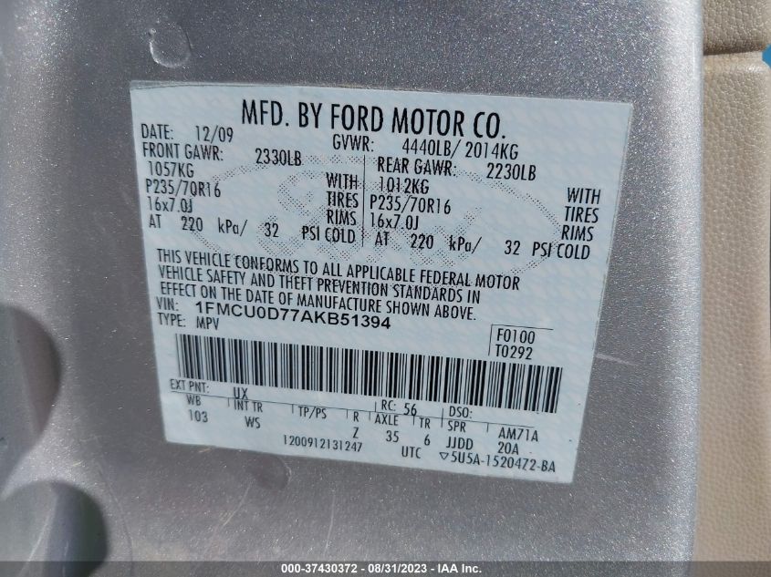 1FMCU0D77AKB51394 2010 Ford Escape Xlt