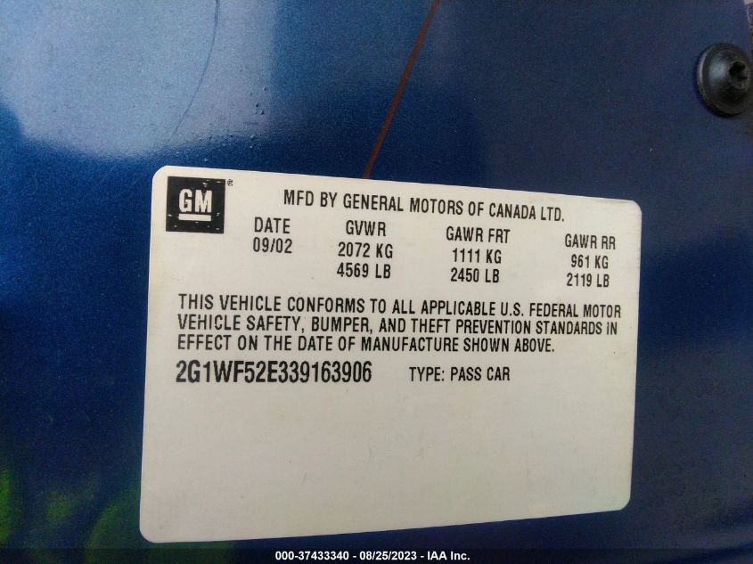 2003 Chevrolet Impala VIN: 2G1WF52E339163906 Lot: 37433340