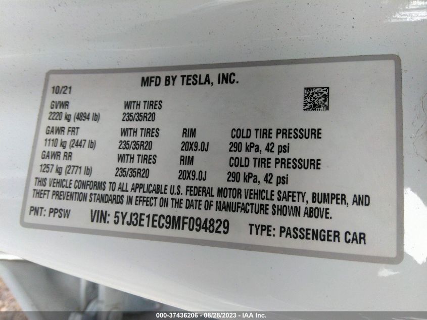 2021 Tesla Model 3 Performance Dual Motor All-Wheel Drive VIN: 5YJ3E1EC9MF094829 Lot: 37436206