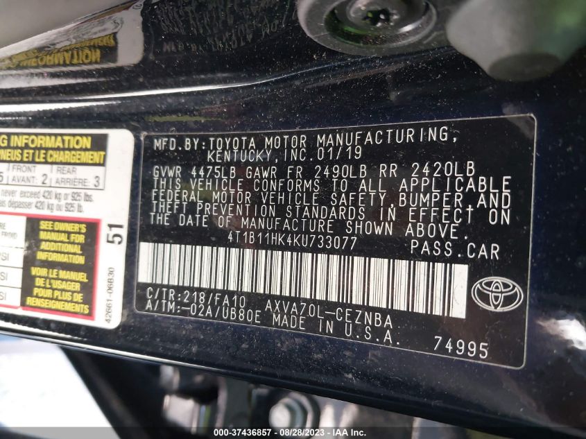 4T1B11HK4KU733077 2019 Toyota Camry Le