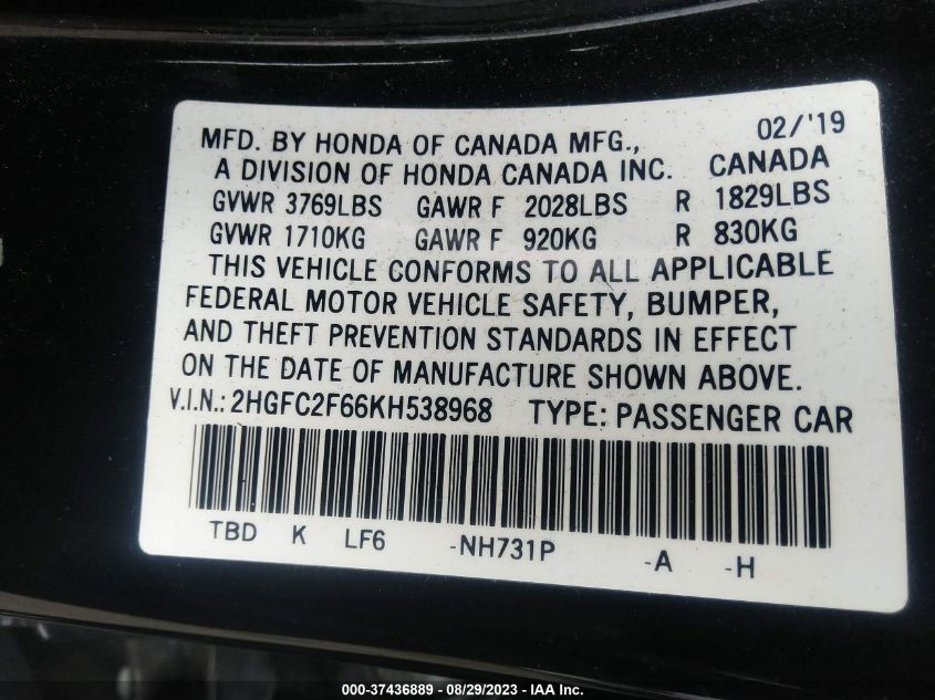 2HGFC2F66KH538968 2019 Honda Civic Sedan Lx