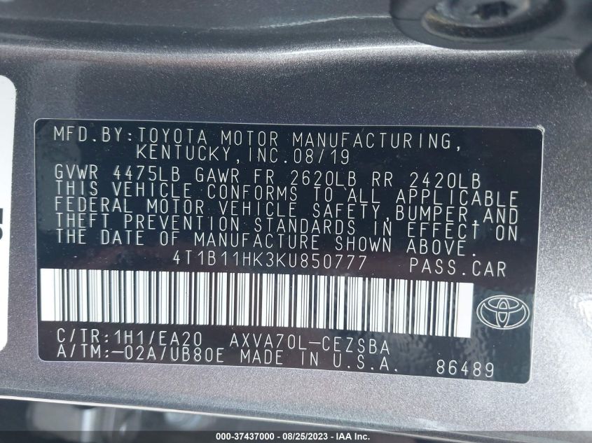 4T1B11HK3KU850777 2019 Toyota Camry Se