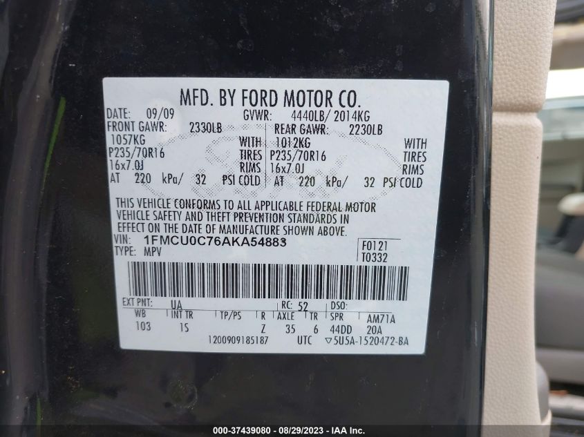 2010 Ford Escape Xls VIN: 1FMCU0C76AKA54883 Lot: 37439080