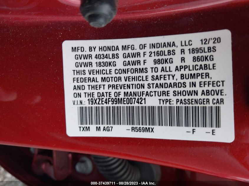 2021 Honda Insight Touring VIN: 19XZE4F99ME007421 Lot: 37439711