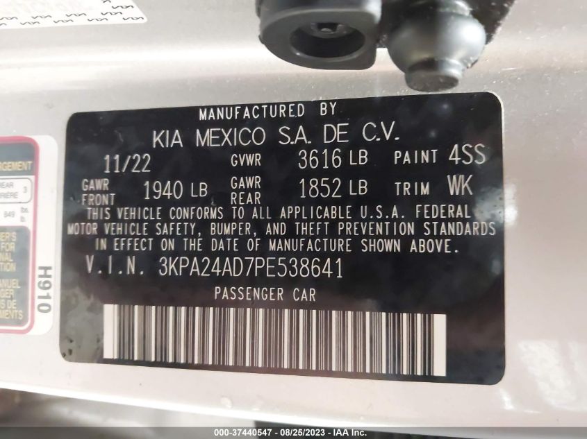 2023 Kia Rio Lx VIN: 3KPA24AD7PE538641 Lot: 37440547