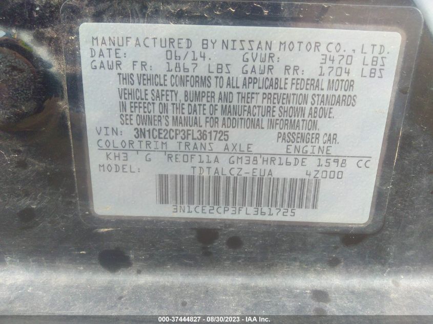 3N1CE2CP3FL361725 2015 Nissan Versa Note S Plus