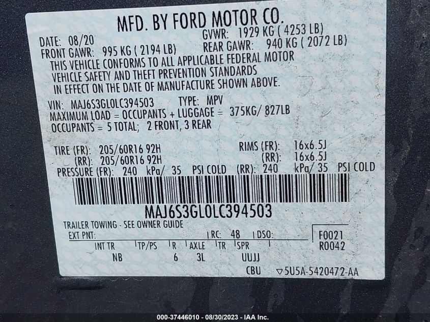 MAJ6S3GL0LC394503 2020 Ford Ecosport Se