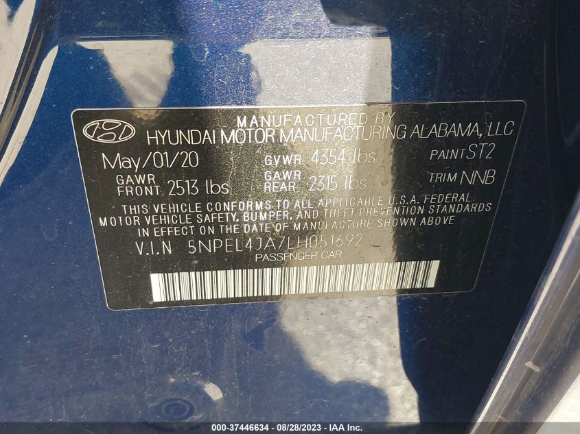 2020 Hyundai Sonata Sel VIN: 5NPEL4JA7LH051692 Lot: 37446634