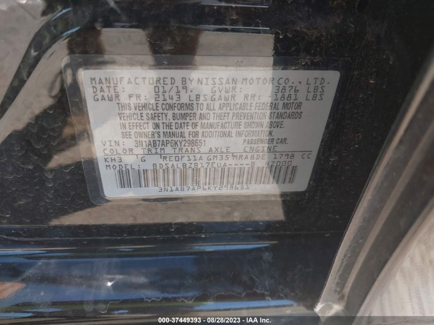 3N1AB7AP6KY298651 2019 Nissan Sentra S