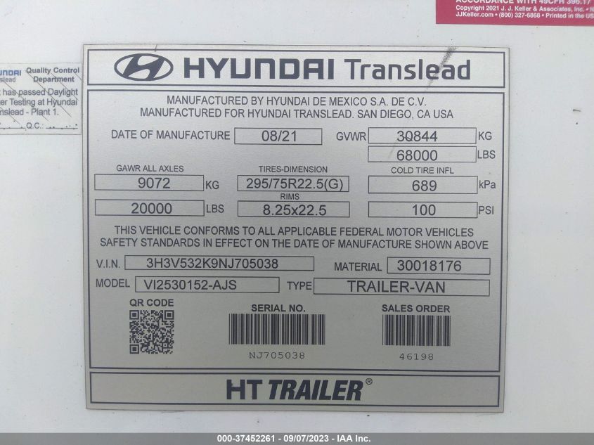 2022 Hyundai Translead Inc Unknown VIN: 3H3V532K9NJ705038 Lot: 37452261