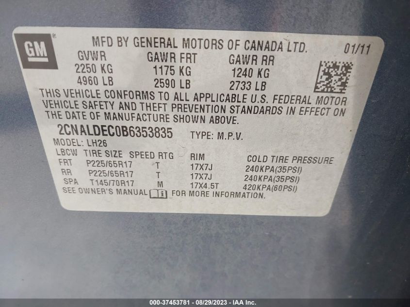 2011 Chevrolet Equinox 1Lt VIN: 2CNALDEC0B6353835 Lot: 37453781