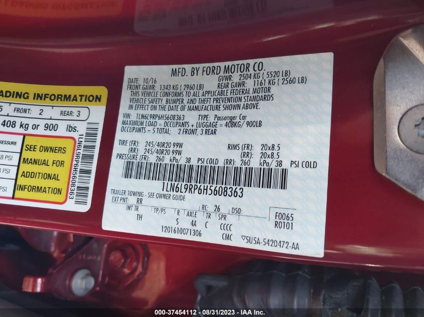 2017 Lincoln Continental Reserve VIN: 1LN6L9RP6H5608363 Lot: 37454112