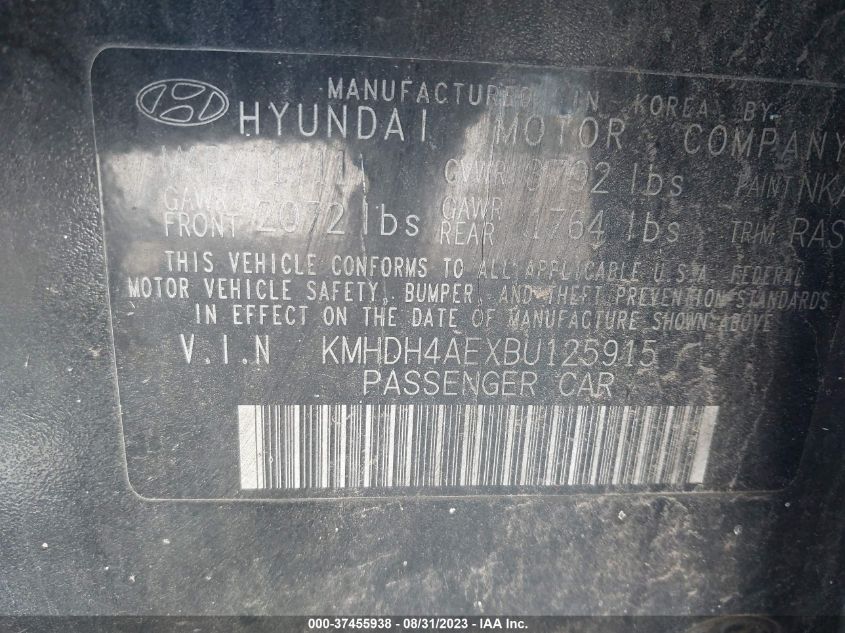 2011 Hyundai Elantra Limited (Ulsan Plant) VIN: KMHDH4AEXBU125915 Lot: 37455938