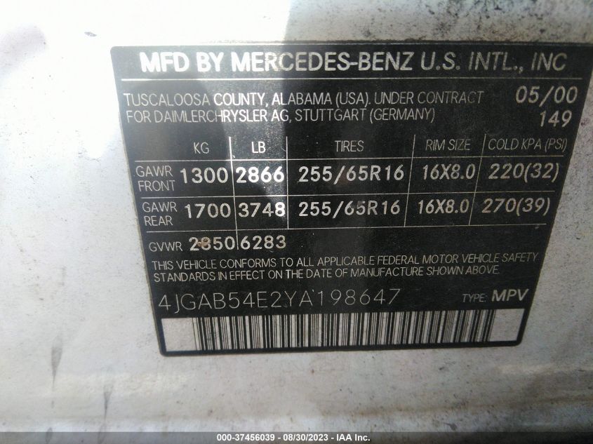 4JGAB54E2YA198647 2000 Mercedes-Benz Ml 320