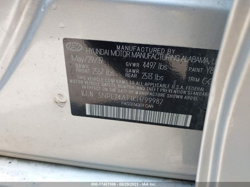 2019 Hyundai Sonata Se VIN: 5NPE24AF1KH799982 Lot: 37457086
