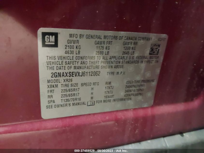 2018 Chevrolet Equinox Lt VIN: 2GNAXSEVXJ6112062 Lot: 43406177