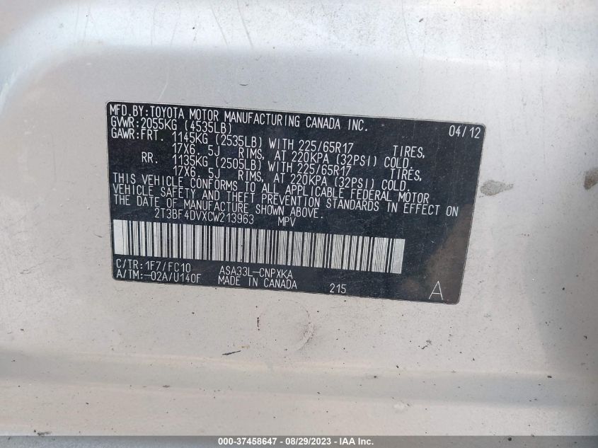 2T3BF4DVXCW213963 2012 Toyota Rav4