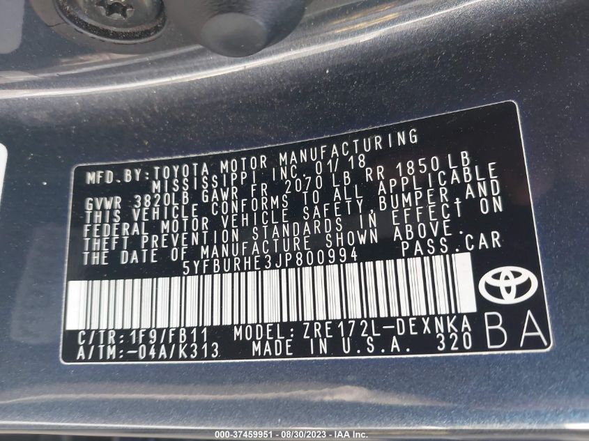 5YFBURHE3JP800994 2018 Toyota Corolla Le