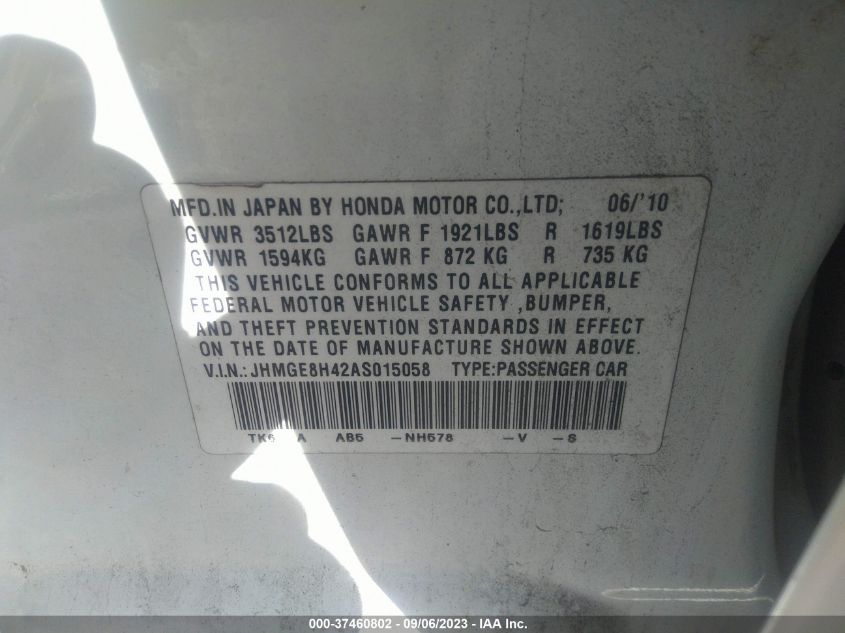 2010 Honda Fit Sport VIN: JHMGE8H42AS015058 Lot: 37460802