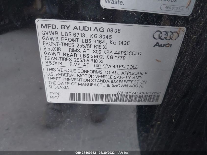 2009 Audi Q7 VIN: WA1AY74LX9D017298 Lot: 37460962