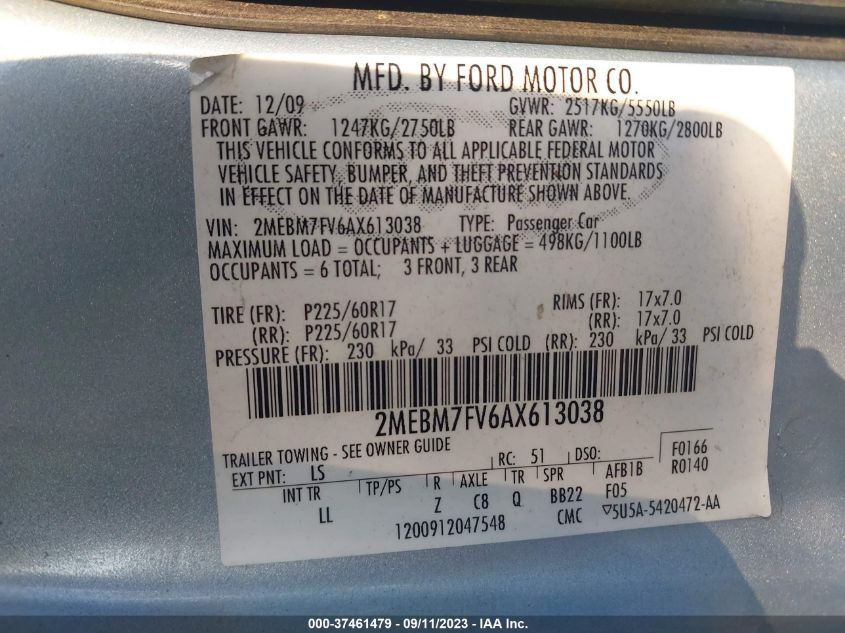 2010 Mercury Grand Marquis Ls VIN: 2MEBM7FV6AX613038 Lot: 37461479