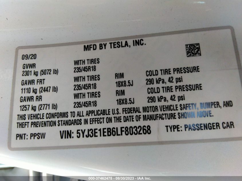 2020 Tesla Model 3 Long Range VIN: 5YJ3E1EB6LF803268 Lot: 37462475