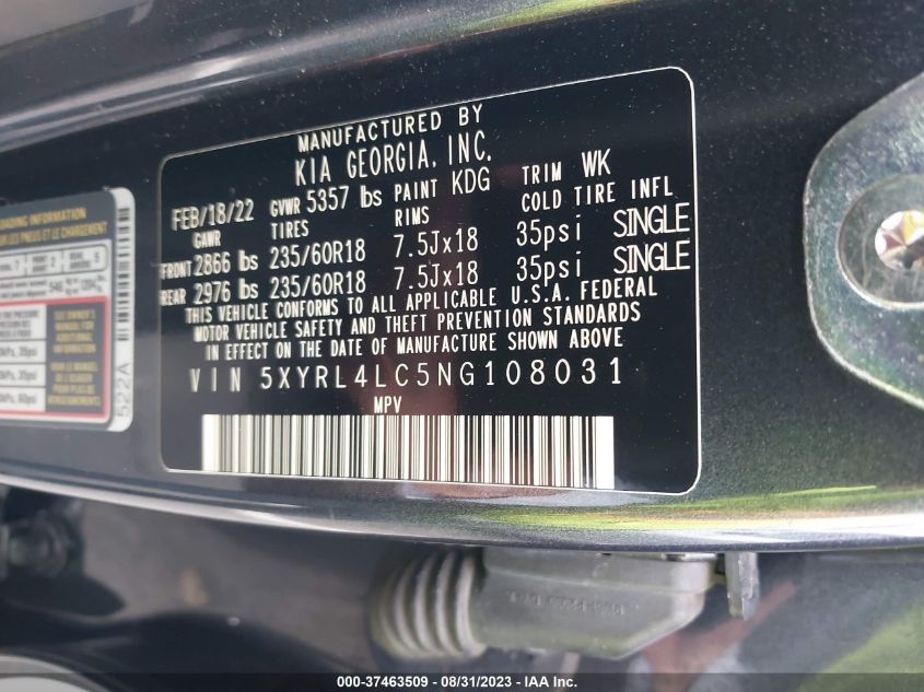 2022 Kia Sorento S VIN: 5XYRL4LC5NG108031 Lot: 37463509