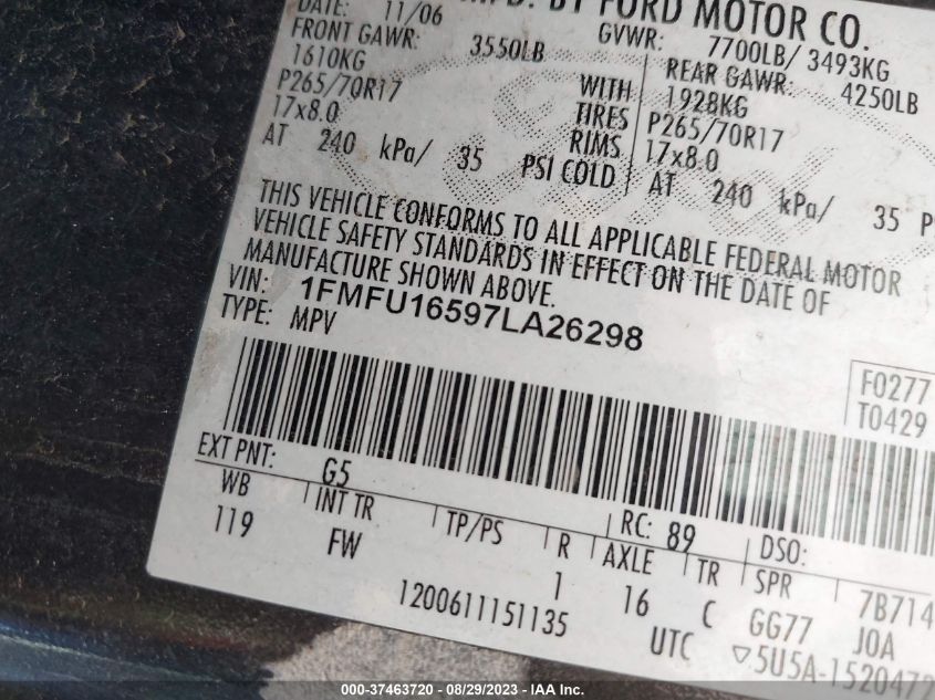 2007 Ford Expedition Xlt VIN: 1FMFU16597LA26298 Lot: 37463720
