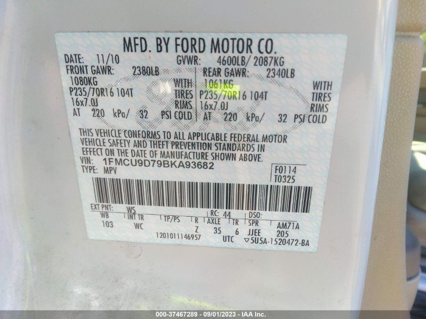 1FMCU9D79BKA93682 2011 Ford Escape Xlt