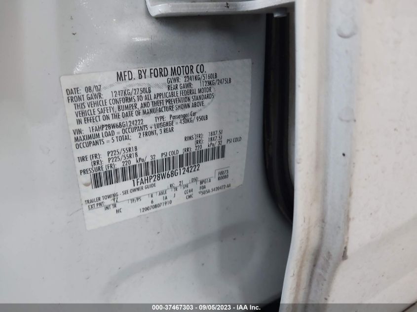 2008 Ford Taurus Limited VIN: 1FAHP28W68G124222 Lot: 37467303