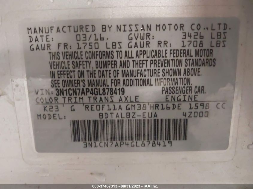 3N1CN7AP4GL878419 2016 Nissan Versa 1.6 S/1.6 S+/1.6 Sl/1.6 Sv