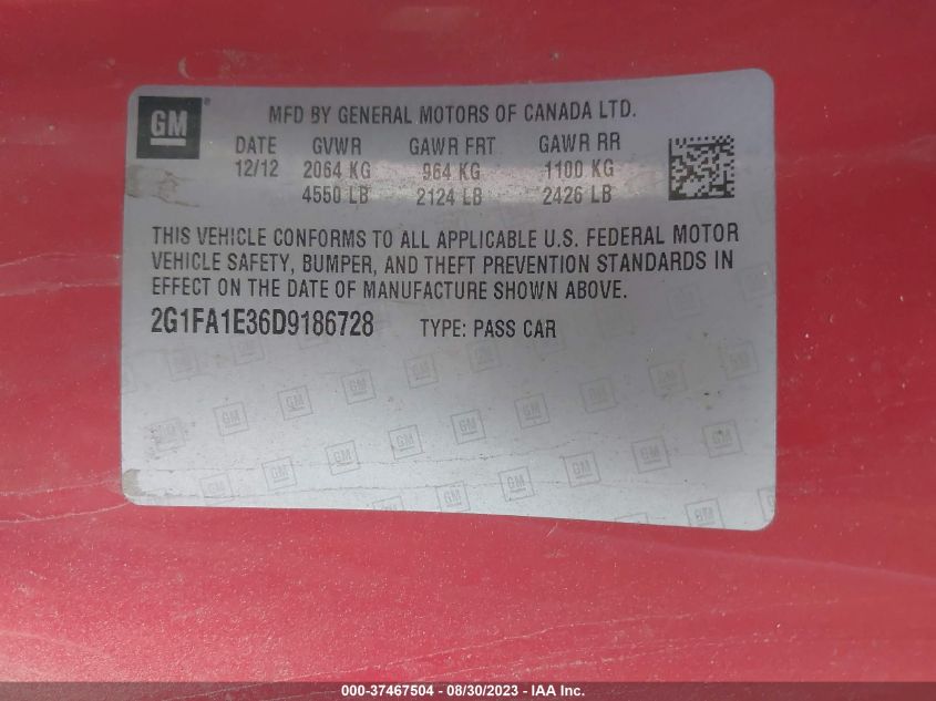 2G1FA1E36D9186728 2013 Chevrolet Camaro 2Ls