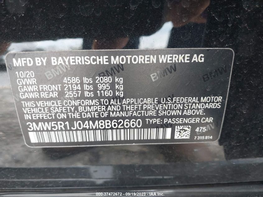 2021 BMW 3 Series 330I VIN: 3MW5R1J04M8B62660 Lot: 37472672