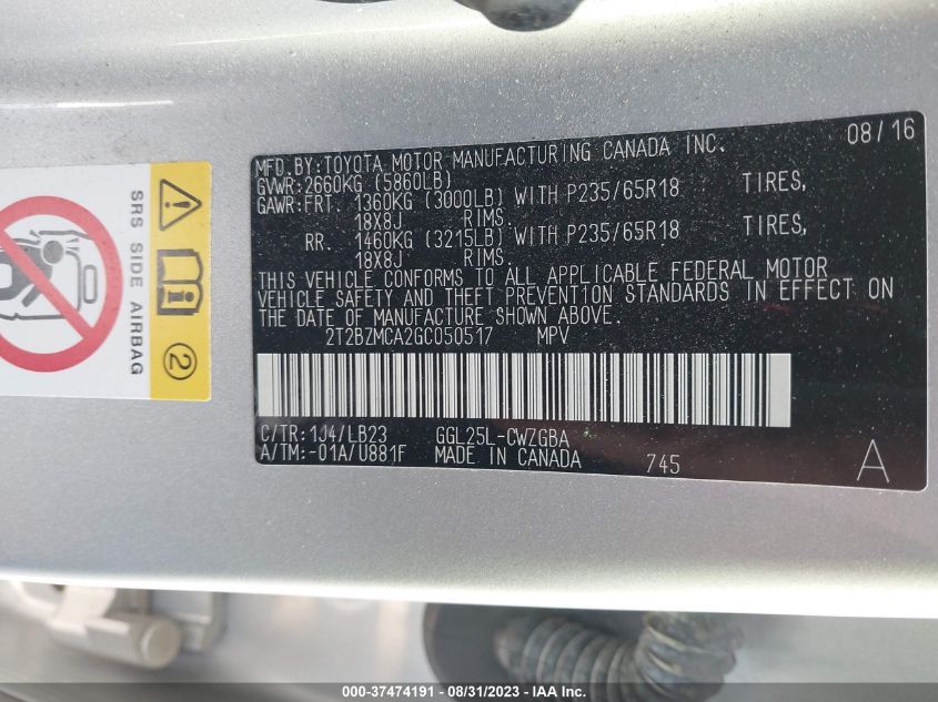 2016 Lexus Rx 350 VIN: 2T2BZMCA2GC050517 Lot: 37474191