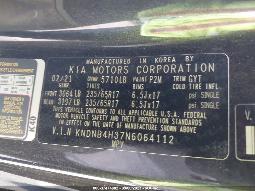 2022 Kia Carnival Lx VIN: KNDNB4H37N6064112 Lot: 37474882